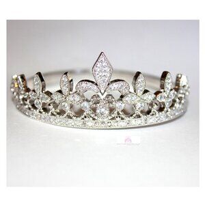 Clear Pave Cubic Zirconia Fleur-de-Lis Princess Crown Hinged Cuff Bracelet 7.5"